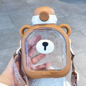 feuseuz kawaii water bottle 24 oz square transparent water bottle cute little bear portable water bottle with strap and sticker (coffee,700ml)