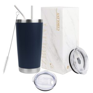 czboliny 20oz/600ml tumbler with 2 lids,2 straws,insulated stainless steel coffee travel mug,double wall vacuum thermal coffee cups. navy blue tumbler