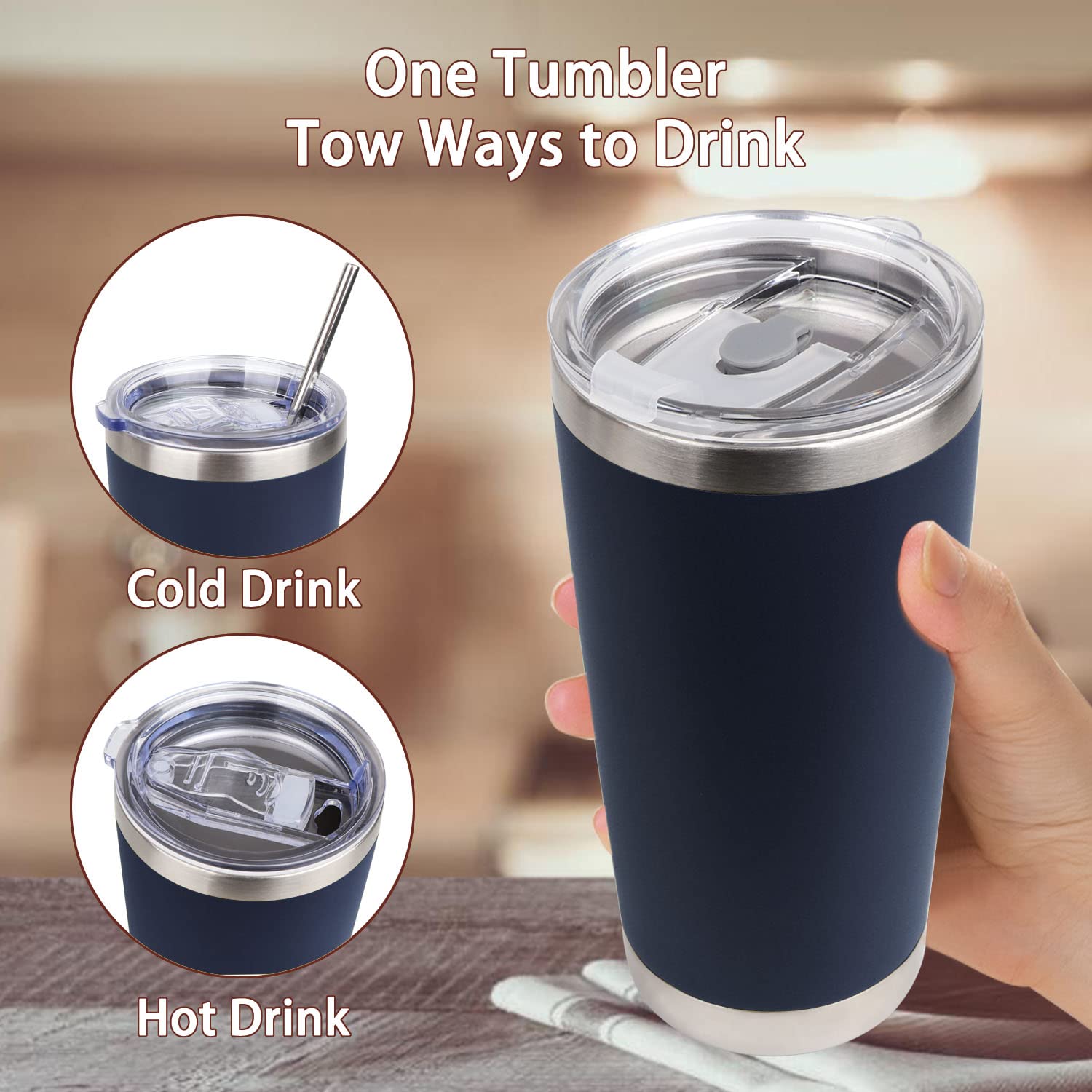 CZBOLINY 20oz/600ml Tumbler with 2 Lids,2 Straws,Insulated Stainless Steel Coffee Travel Mug,Double Wall Vacuum Thermal coffee cups. Navy Blue Tumbler