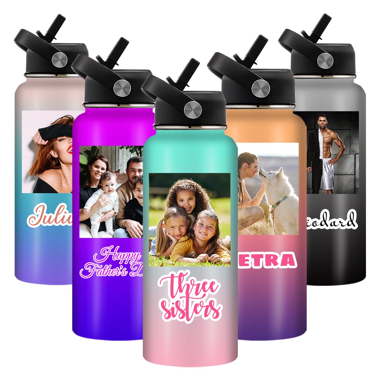 MESHELEY Personalized Water Bottles Custom for Women Men Girls Boys with Straw Names Photo Customized Water Bottle Gifts for Mom Dad Mother's Day Father's Day Graduation School Sports