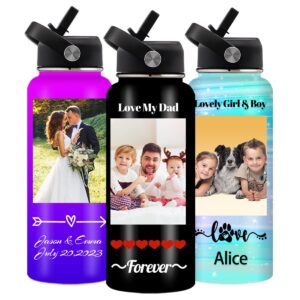 MESHELEY Personalized Water Bottles Custom for Women Men Girls Boys with Straw Names Photo Customized Water Bottle Gifts for Mom Dad Mother's Day Father's Day Graduation School Sports