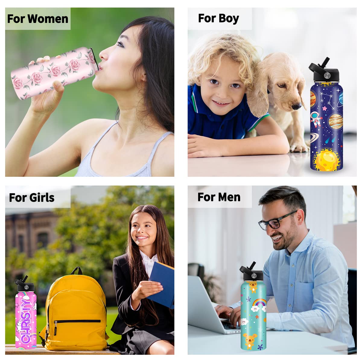 MESHELEY Personalized Water Bottles Custom for Women Men Girls Boys with Straw Names Photo Customized Water Bottle Gifts for Mom Dad Mother's Day Father's Day Graduation School Sports