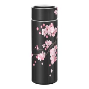 cataku small water bottle 12 oz, cherry blossoms black insulated water bottle for water coffee tea stainless steel flask thermos bottle reusable wide mouth vacuum travel mug