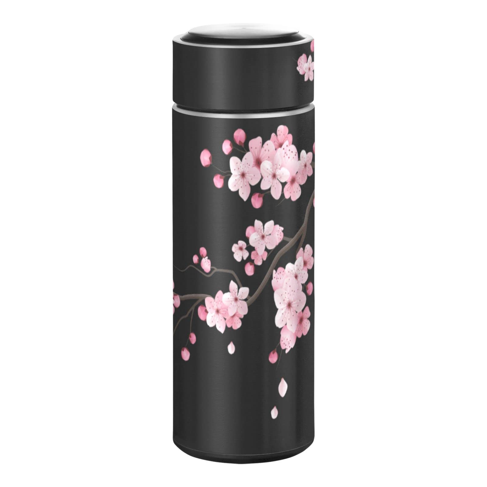 CaTaKu Small Water Bottle 12 oz, Cherry Blossoms Black Insulated Water Bottle for Water Coffee Tea Stainless Steel Flask Thermos Bottle Reusable Wide Mouth Vacuum Travel Mug