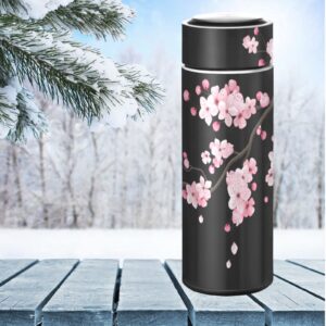 CaTaKu Small Water Bottle 12 oz, Cherry Blossoms Black Insulated Water Bottle for Water Coffee Tea Stainless Steel Flask Thermos Bottle Reusable Wide Mouth Vacuum Travel Mug