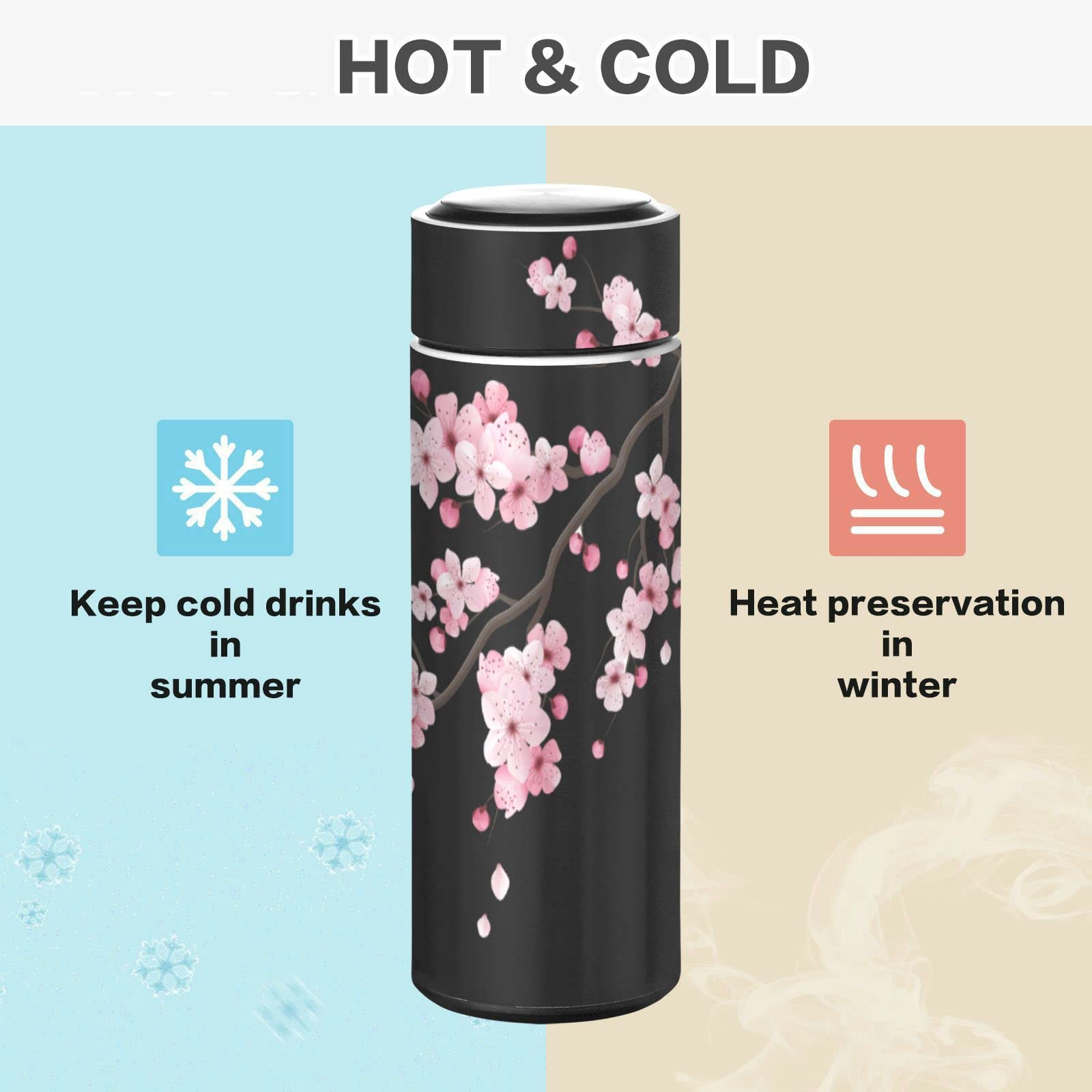 CaTaKu Small Water Bottle 12 oz, Cherry Blossoms Black Insulated Water Bottle for Water Coffee Tea Stainless Steel Flask Thermos Bottle Reusable Wide Mouth Vacuum Travel Mug