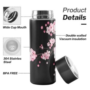 CaTaKu Small Water Bottle 12 oz, Cherry Blossoms Black Insulated Water Bottle for Water Coffee Tea Stainless Steel Flask Thermos Bottle Reusable Wide Mouth Vacuum Travel Mug