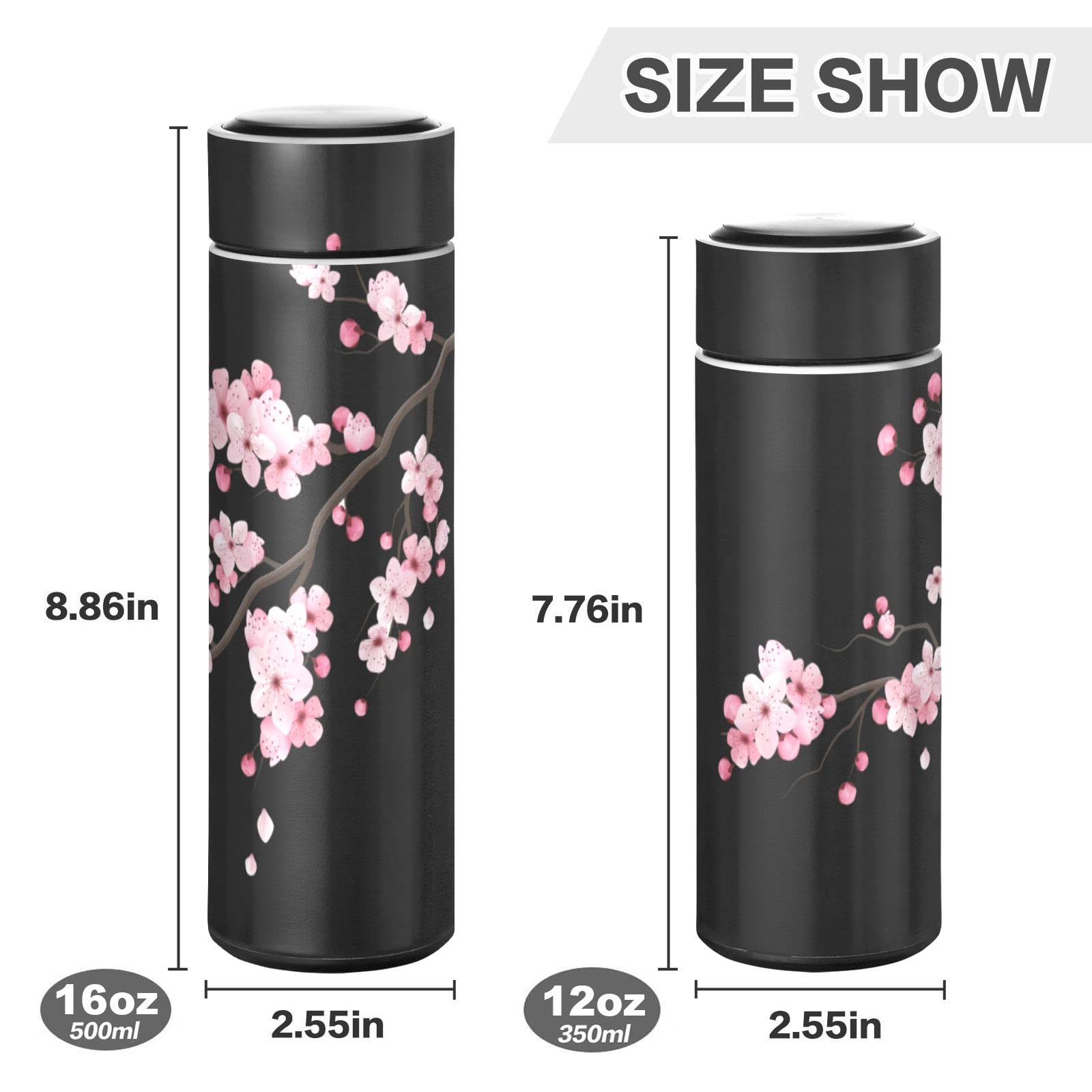 CaTaKu Small Water Bottle 12 oz, Cherry Blossoms Black Insulated Water Bottle for Water Coffee Tea Stainless Steel Flask Thermos Bottle Reusable Wide Mouth Vacuum Travel Mug