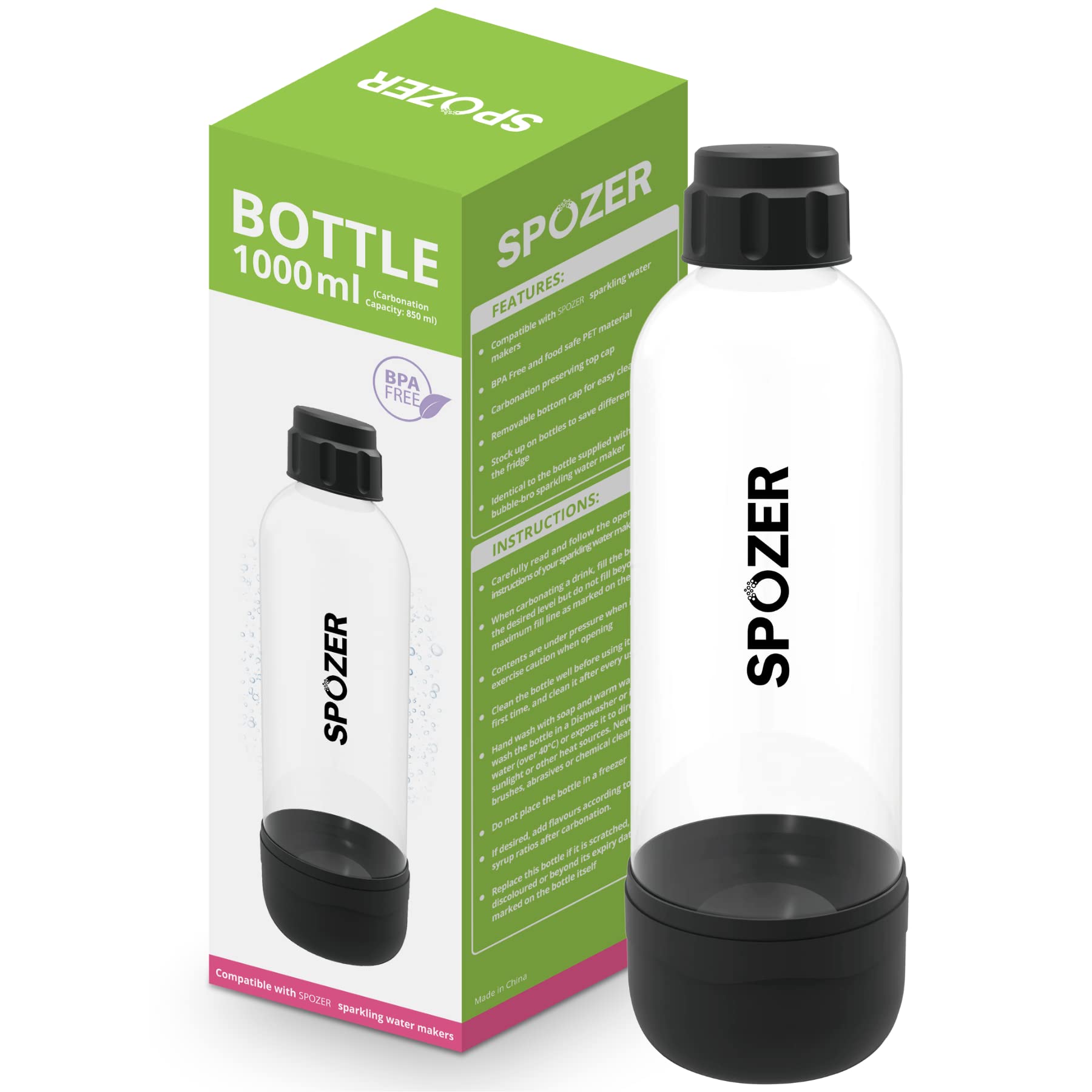 SPOZER Extra Carbonating Bottles For Sparkling Water Makers, 1-Liter Carbonating Bottles, BPA-free, One Can