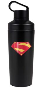 superman official superman new 52 shield logo pattern 18 oz insulated water bottle, leak resistant, vacuum insulated stainless steel with 2-in-1 loop cap