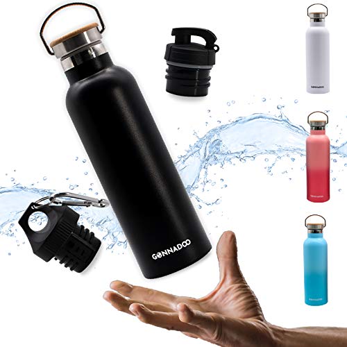 GONNADOO Stainless Steel Insulated Water Bottle 25 oz with 3 Lids, Vacuum, Insulated Stainless Steel, Hot Water, Cold Water, Sports Water Bottle (Black)