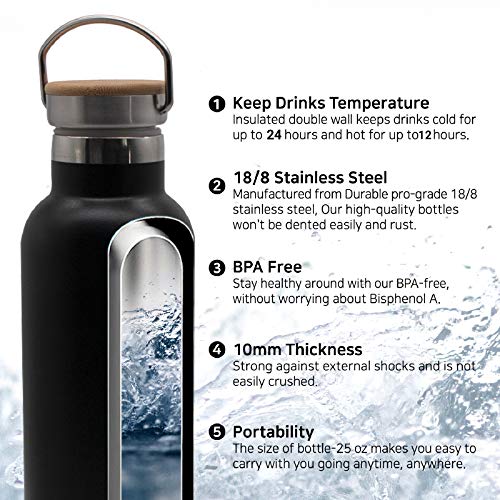 GONNADOO Stainless Steel Insulated Water Bottle 25 oz with 3 Lids, Vacuum, Insulated Stainless Steel, Hot Water, Cold Water, Sports Water Bottle (Black)