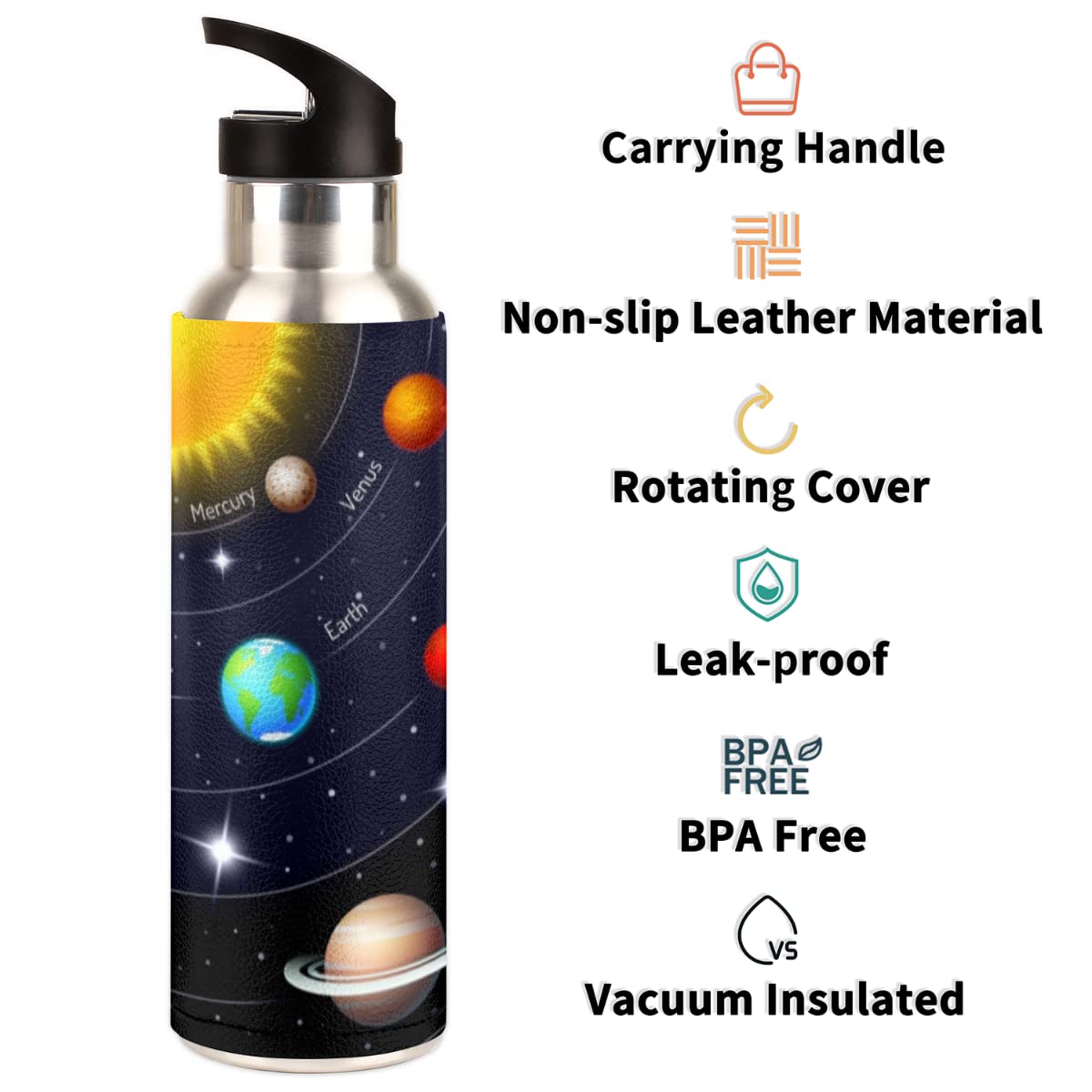 Universe Space Galaxy Solar System Vacuum Insulated Straw Water Bottle 20 Ounce Stainless Steel Leakproof Sports Water Bottle for Travel Working Sports