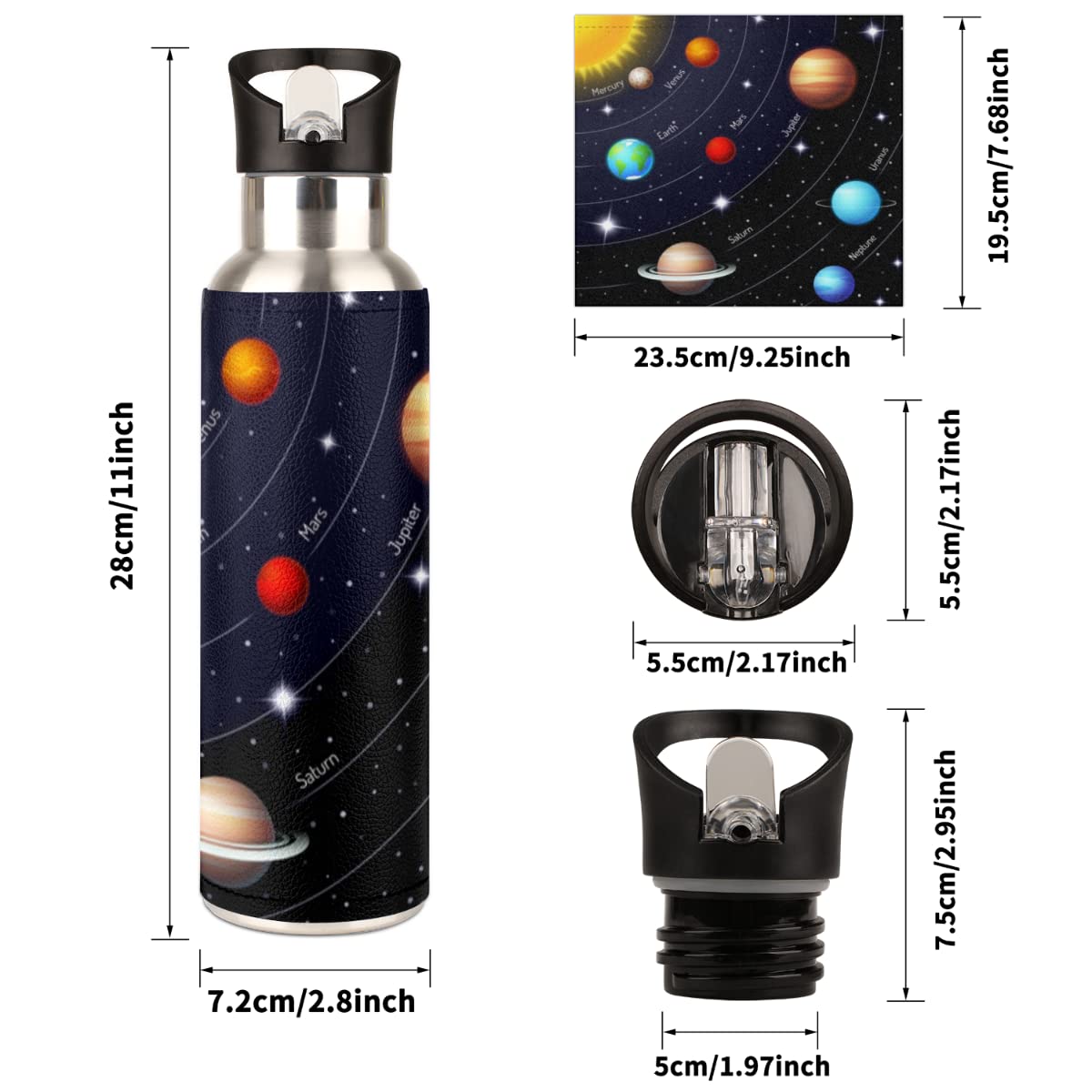 Universe Space Galaxy Solar System Vacuum Insulated Straw Water Bottle 20 Ounce Stainless Steel Leakproof Sports Water Bottle for Travel Working Sports