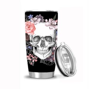 skull flower gifts 20 oz tumbler cup with lid, vacuum insulated tumblers mug for birthday festival gifts for men women