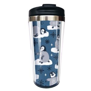 nvjui jufopl cute penguins and snowflakes coffee mug, stainless steel with flip lid 14 oz, funny coffee cup for travel home office