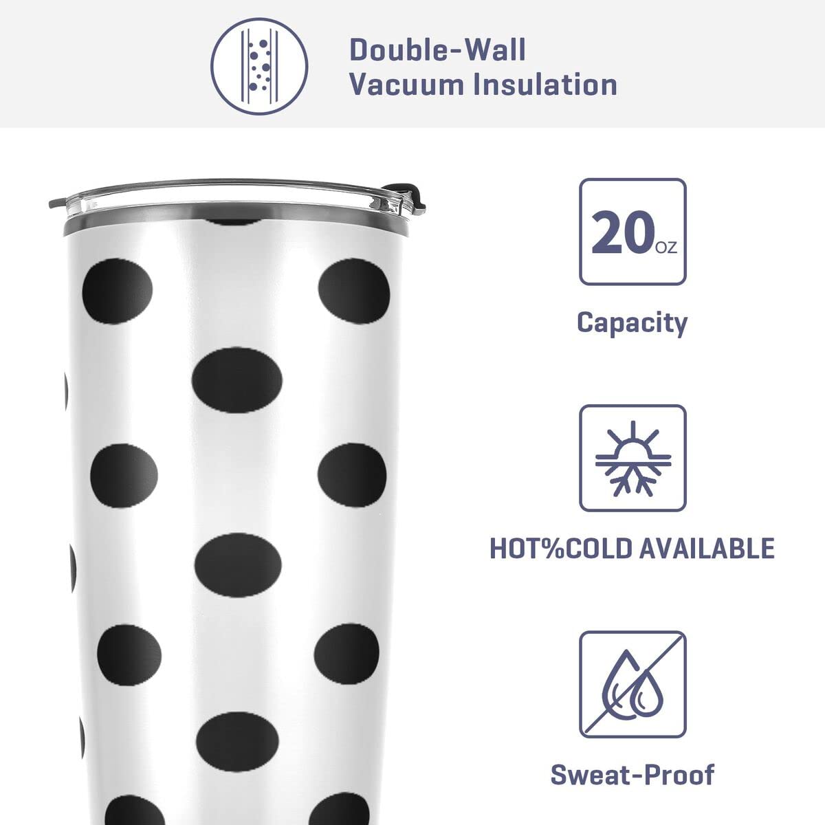 ALAZA White Black Polka Dot Water Bottle Tumbler with Lid and Straws 20 Oz Stainless Steel Vacuum Insulated Coffee Travel Mug Cup