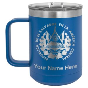 lasergram 15oz vacuum insulated coffee mug, flag of el salvador, personalized engraving included (dark blue)