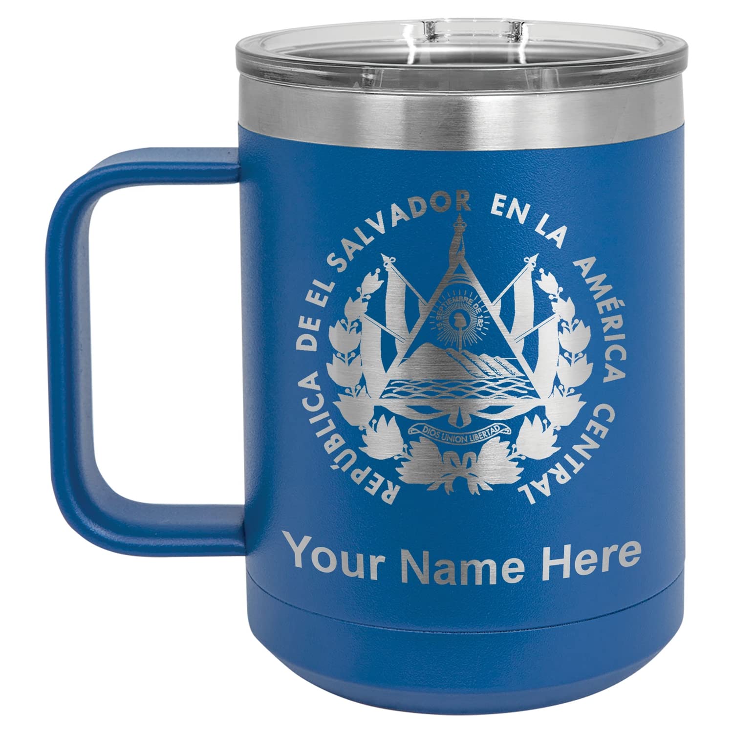 LaserGram 15oz Vacuum Insulated Coffee Mug, Flag of El Salvador, Personalized Engraving Included (Dark Blue)