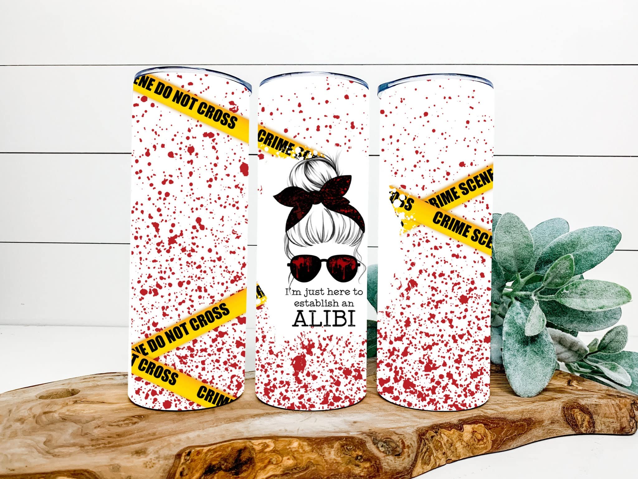 Alibi, True Crime, Blood Splatter, Crime Scene Tape, Murderino, Hot/Cold Travel Stainless Steel Tumbler