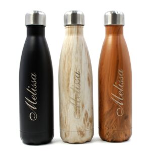 customized engraved double wall stainless steel vacuum insulated water bottle birthday wedding graduation gift, 17 oz (wood)