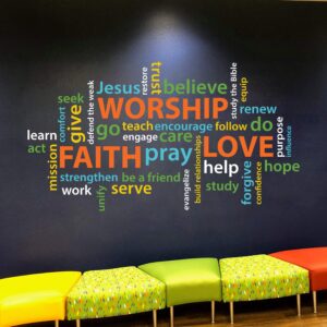 diuangfoong word collage faith worship love youth room church christian school wordle wall decal vinyl decal colorful collage word cloud re3174