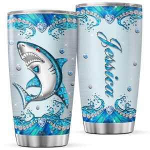cubicer personalized coffee tumbler shark jewelry style custom name birthday gifts for women girls men boys kids womens day insulated cup travel mug with lid cute cold steel cups