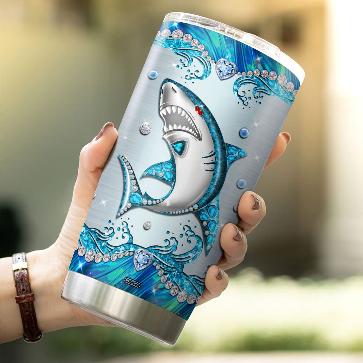 CUBICER Personalized Coffee Tumbler Shark Jewelry Style Custom Name Birthday Gifts For Women Girls Men Boys Kids Womens Day Insulated Cup Travel Mug With Lid Cute Cold Steel Cups