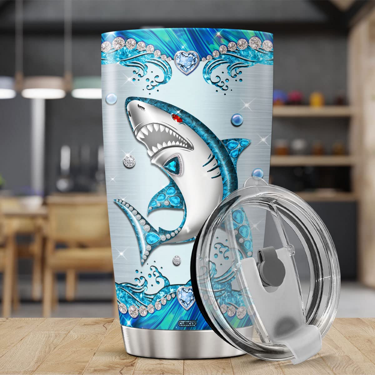 CUBICER Personalized Coffee Tumbler Shark Jewelry Style Custom Name Birthday Gifts For Women Girls Men Boys Kids Womens Day Insulated Cup Travel Mug With Lid Cute Cold Steel Cups