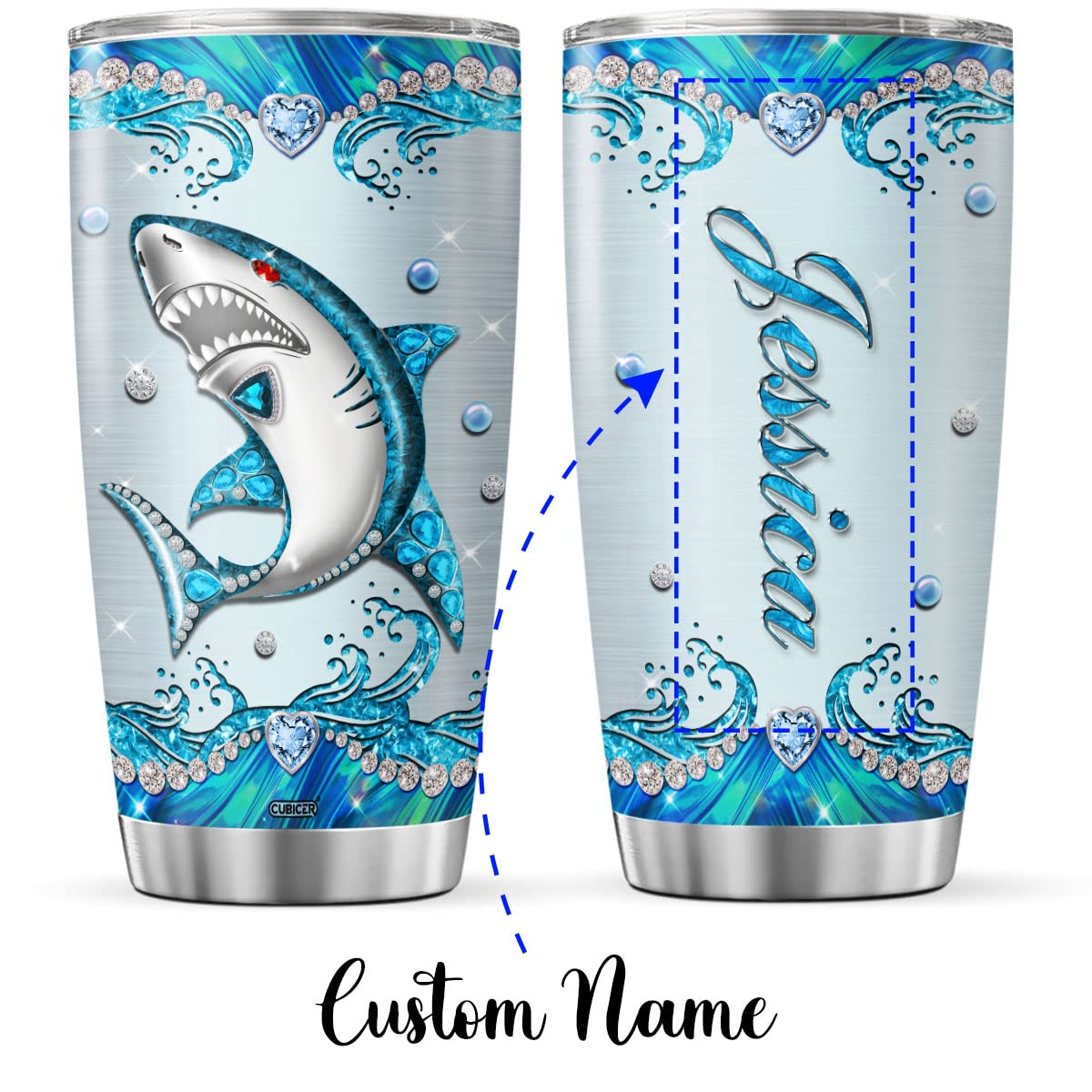 CUBICER Personalized Coffee Tumbler Shark Jewelry Style Custom Name Birthday Gifts For Women Girls Men Boys Kids Womens Day Insulated Cup Travel Mug With Lid Cute Cold Steel Cups