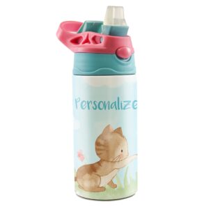 kittens and butterflies – 12 oz kids water bottle with pop up silicone straw - personalize with name - double wall vacuum stainless steel insulation – keep beverage temperature for up to 8 hours