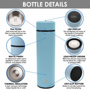 Hydration Collective Thermos Water Bottle - Leakproof Smart with Tea Infuser and LED Temperature Display Anti-Slip Stainless Steel Rubberized Matte Finish Insulated Cup 16oz, Blue, ZGB-Z500C1