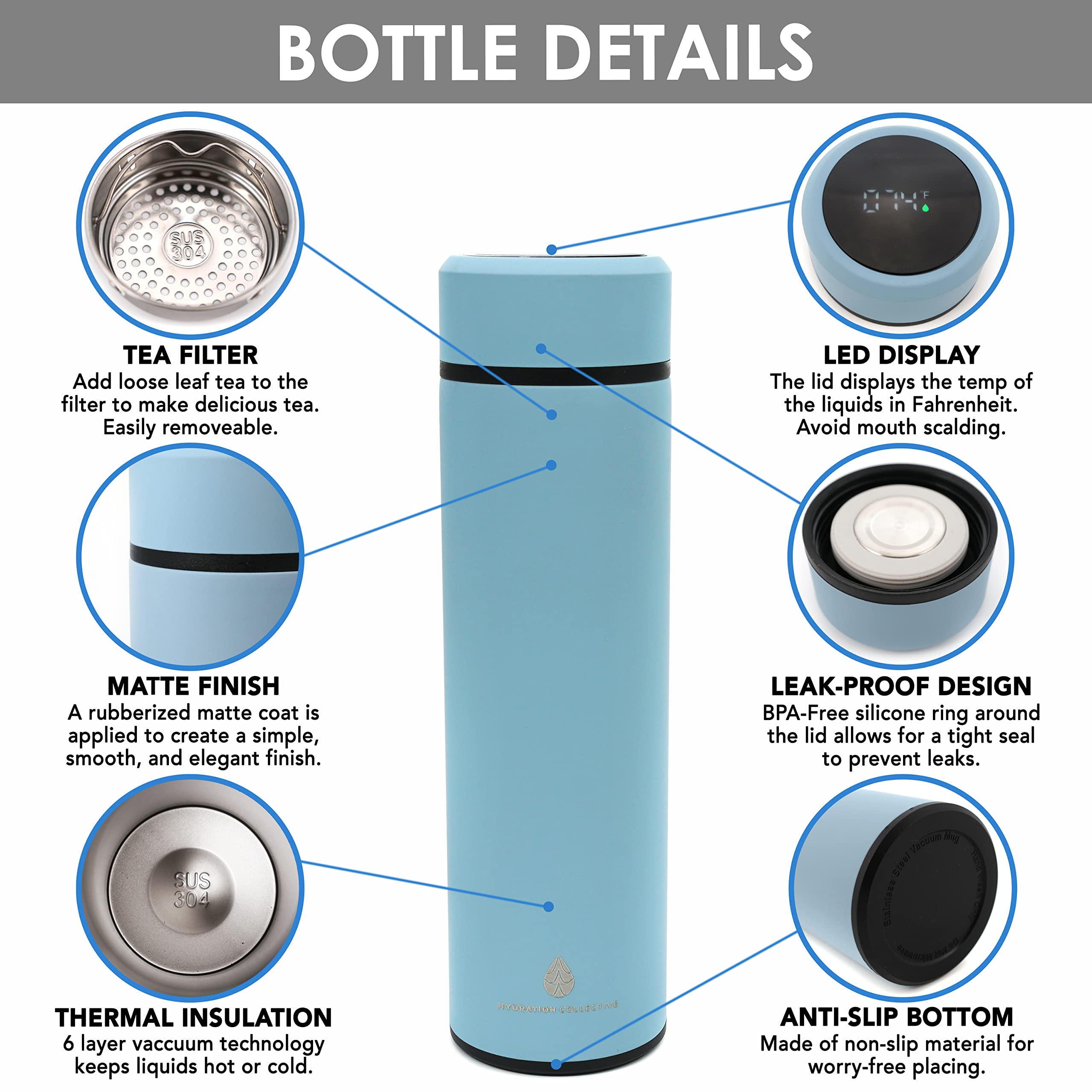 Hydration Collective Thermos Water Bottle - Leakproof Smart with Tea Infuser and LED Temperature Display Anti-Slip Stainless Steel Rubberized Matte Finish Insulated Cup 16oz, Blue, ZGB-Z500C1