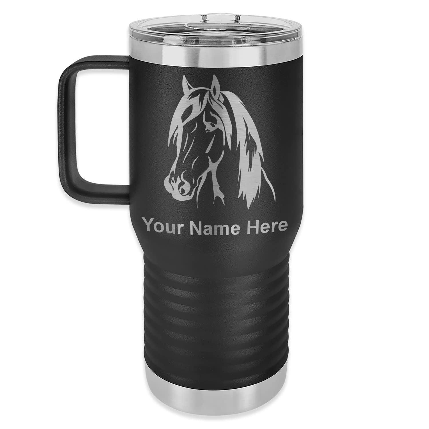 LaserGram 20oz Vacuum Insulated Travel Mug with Handle, Horse Head 1, Personalized Engraving Included (Black)