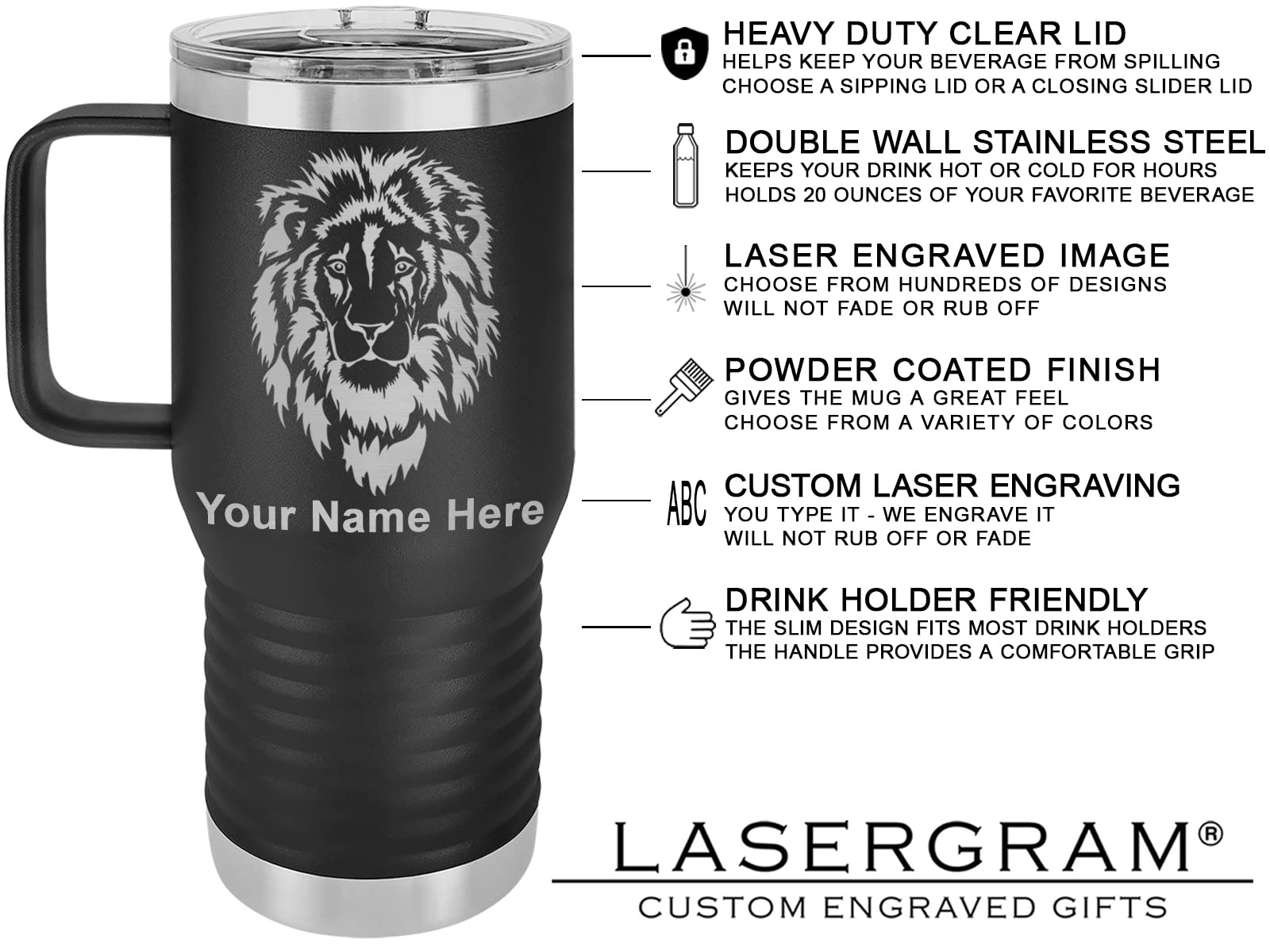 LaserGram 20oz Vacuum Insulated Travel Mug with Handle, Horse Head 1, Personalized Engraving Included (Black)