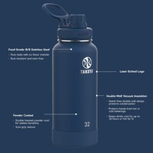 Takeya Actives Insulated Stainless Steel Water Bottle with Spout Lid, 24 Ounce, Midnight Blue and Takeya Actives Straw Lid for Insulated Water Bottle, Wide Mouth, Black