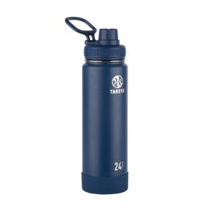 Takeya Actives Insulated Stainless Steel Water Bottle with Spout Lid, 24 Ounce, Midnight Blue and Takeya Actives Straw Lid for Insulated Water Bottle, Wide Mouth, Black