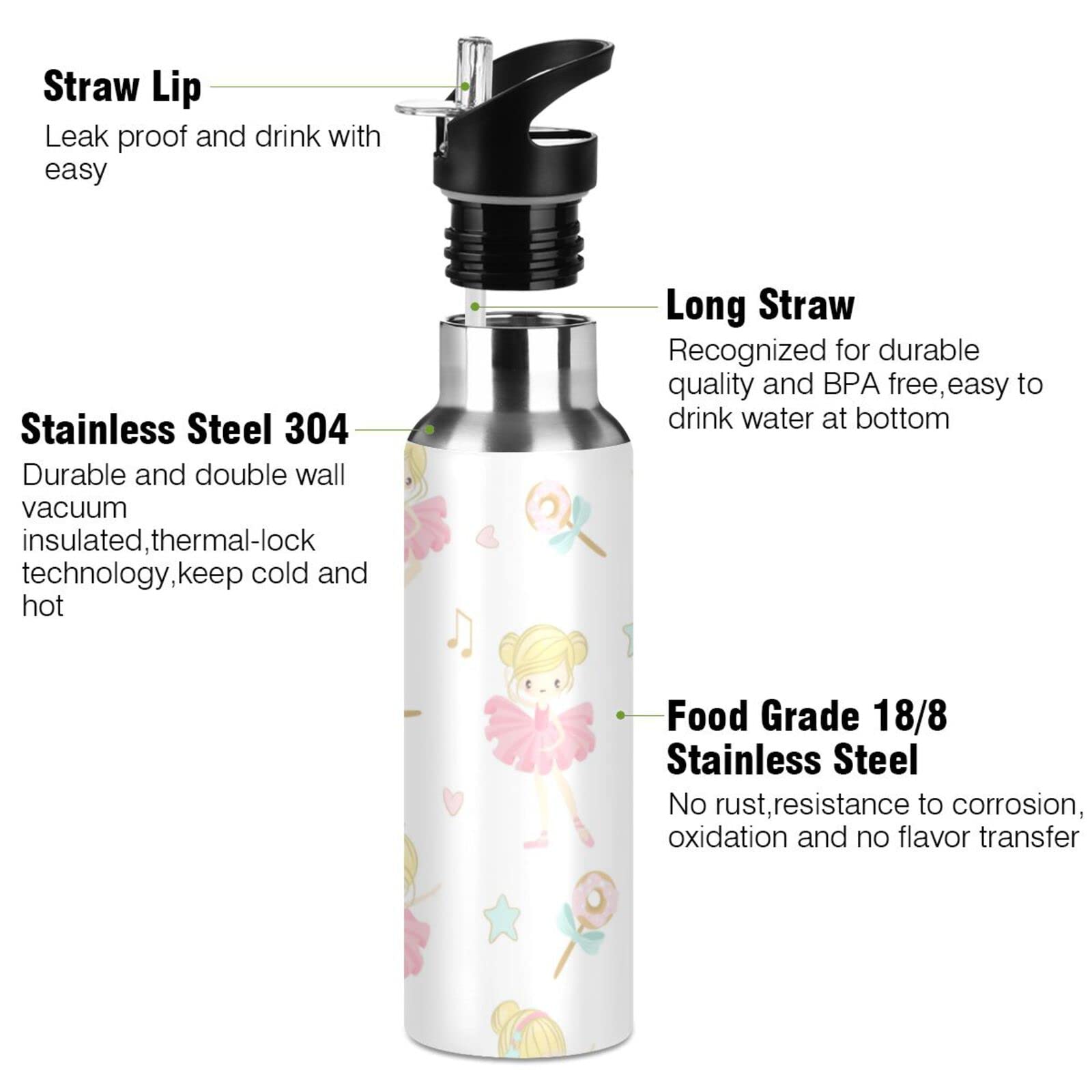 Kigai Ballet Girl Water Bottle with Straw Lid 20oz Vacuum Insulated Stainless Steel Sport Water Bottles for Gym, School, Travel