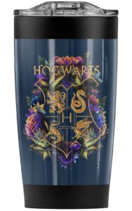 harry potter hogwarts colored floral crest stainless steel tumbler 20 oz coffee travel mug/cup, vacuum insulated & double wall with leakproof sliding lid | great for hot drinks and cold beverages