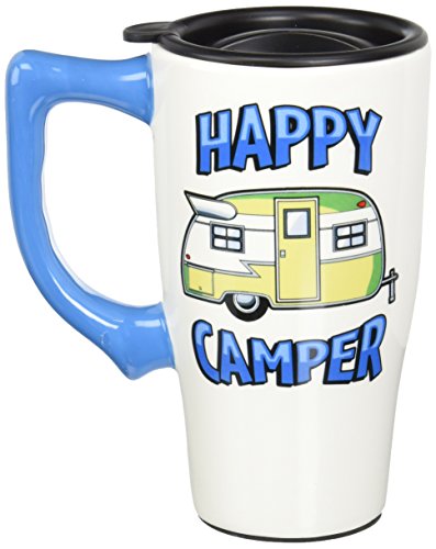 Spoontiques - Ceramic Travel Mugs - Happy Camper Cup - Hot or Cold Beverages - Gift for Coffee Lovers