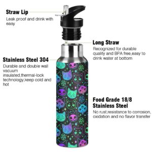 Burbuja Cute Cartoon Voodoo Cat Stainless Steel Water Bottle, Vacuum Insulated Water Bottles with Straw Lid for Sports, Gym, School - Leak & Sweat Proof, BPA Free, 32 oz