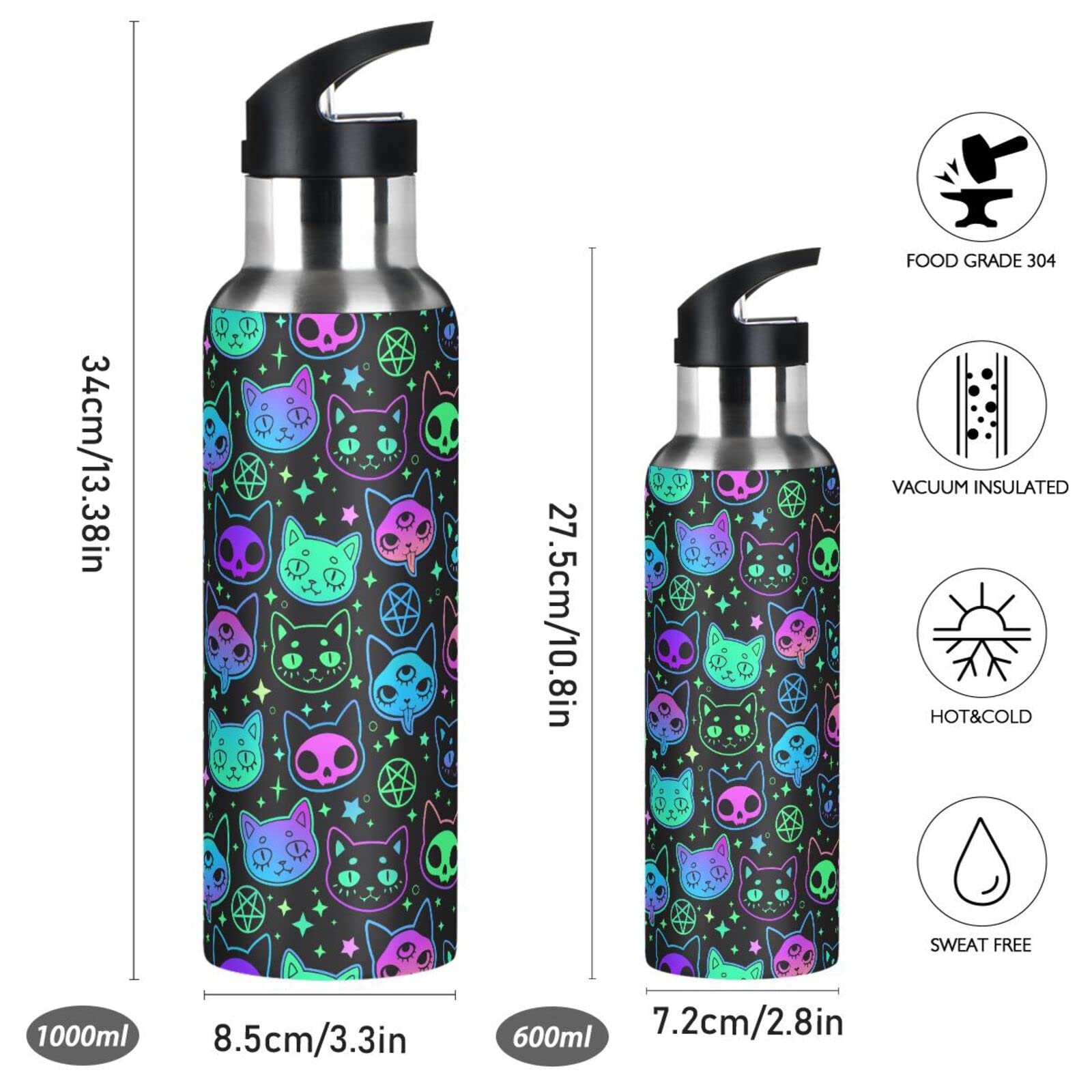 Burbuja Cute Cartoon Voodoo Cat Stainless Steel Water Bottle, Vacuum Insulated Water Bottles with Straw Lid for Sports, Gym, School - Leak & Sweat Proof, BPA Free, 32 oz