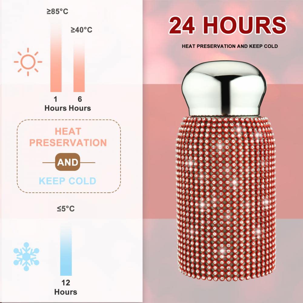 Diamond Thermos Bottle for Womens, Diamond Water Bottle Bling Rhinestone Small Cute 200ML Stainless Steel Vacuum Flask Sparkling Refillable Metal Insulated Glitter Thermal Bottle (Red)