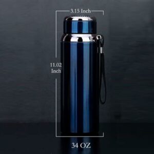 34 OZ Vacuum Thermal Water Bottle, Reusable Double Walled Thermos Mug, Insulated Stainless Steel Sports Water Bottle, Coffee thermos and Tea Infuser Bottle Can Keep Heat and Cold (Blue)