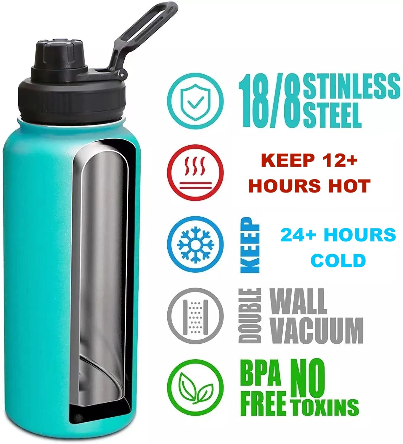 WAASS Sports Water Bottle - 32 Oz,Leak Proof, Vacuum Insulated Stainless Steel, Double Walled Hot & Cold Drink