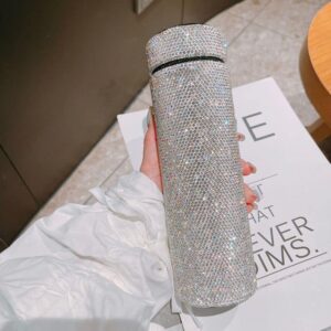 bling cup 17oz rhinestone water bottle glitter tumbler diamond glitter cups studded skinny insulation cup sparkly with led number (white)