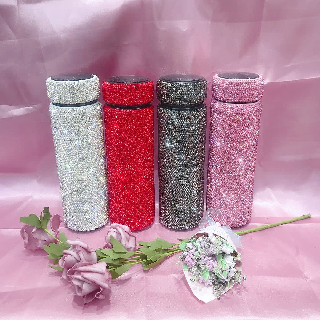 Bling Cup 17oz Rhinestone Water Bottle Glitter Tumbler Diamond Glitter Cups Studded Skinny Insulation Cup Sparkly with LED Number (white)