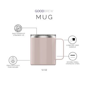 GOODBREW Camp Mug - Stainless Steel Insulated Mug with Strainer Lid | Double Wall | Comfortable Grip Handle | Perfect for Commuting, Camping or Traveling (12oz, 2 Pack) (Beige Crema)