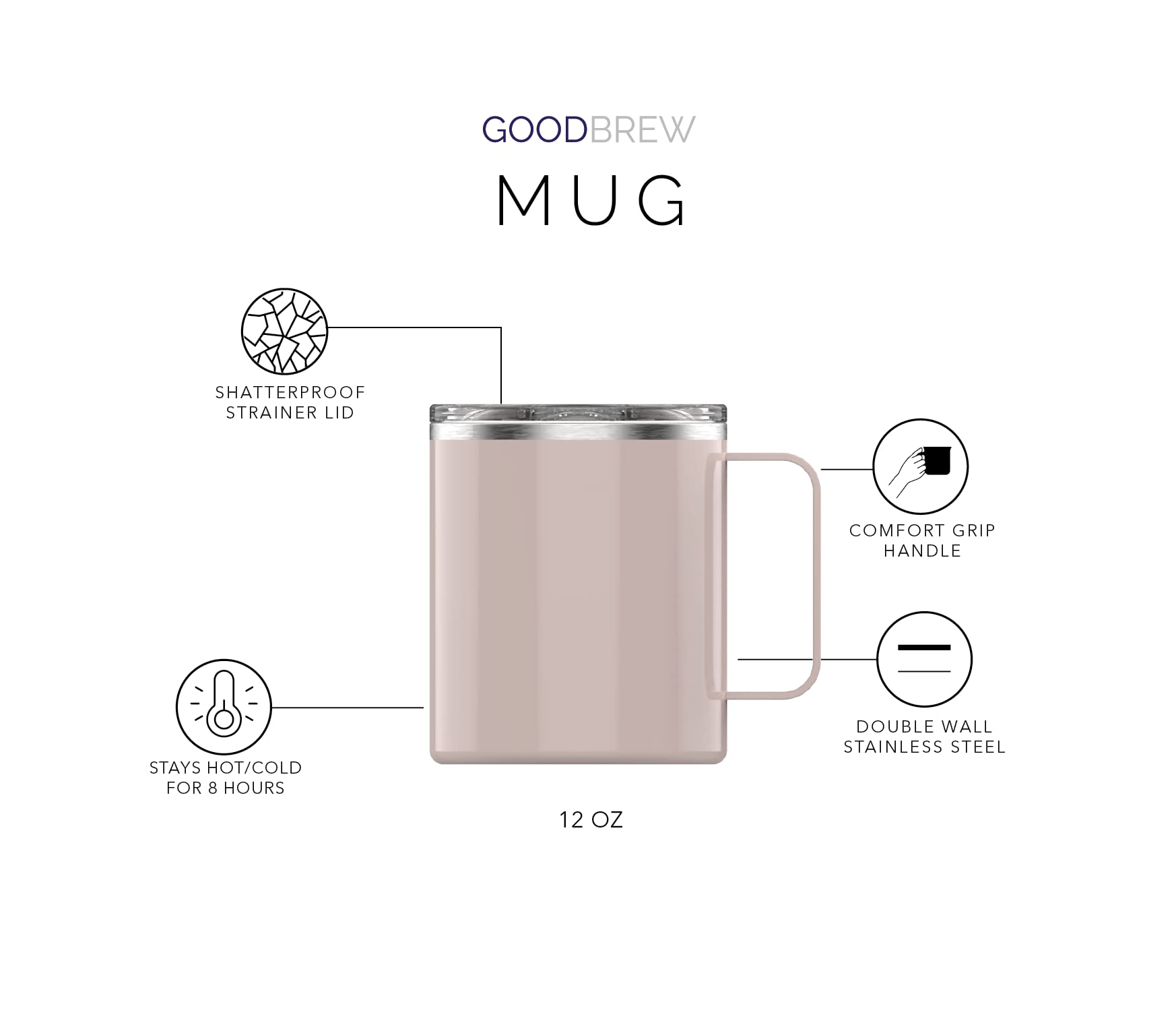 GOODBREW Camp Mug - Stainless Steel Insulated Mug with Strainer Lid | Double Wall | Comfortable Grip Handle | Perfect for Commuting, Camping or Traveling (12oz, 2 Pack) (Beige Crema)