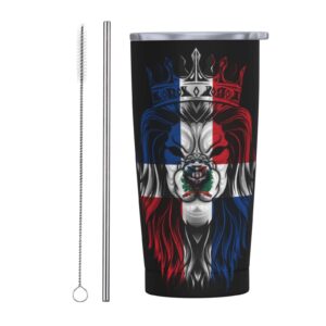 crown lion and flag of dominican republic coffee cup,with lid spill proof and straw thermos cup stainless steel water bottle reusable auto mug travel mug-20oz